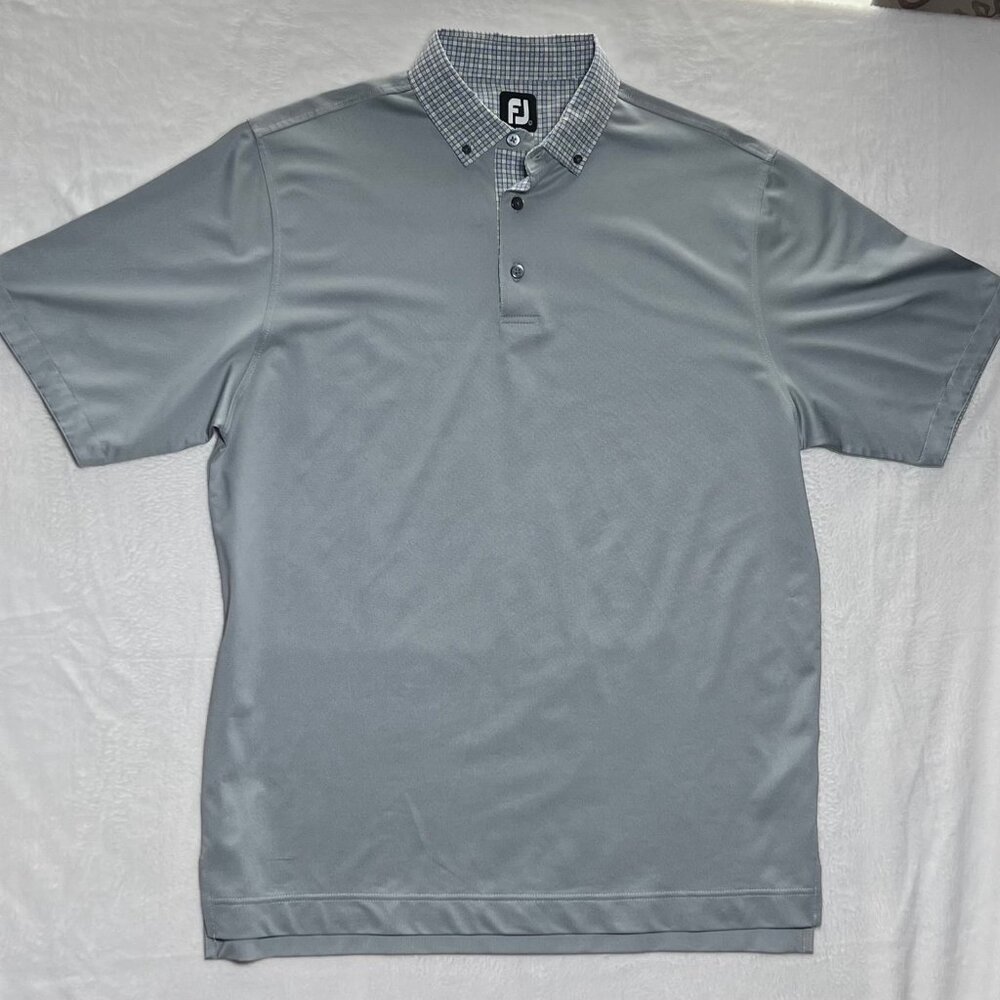 FootJoy FJ Gray Plaid Collar Mens Golf Polo Shirt Size Large Lightweight FJ Logo